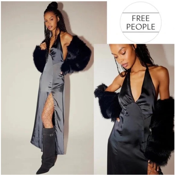 Free People Dance‎ ‘Till Dawn Dress Black Midnight Midi Maxi Thigh-High Split - Picture 1 of 14